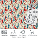 Red and Blue Floral Stripe Pattern on Textured Neutral Background Vintage Style Digital Print Fabric by the Metre UK Sewing Quilting Textile