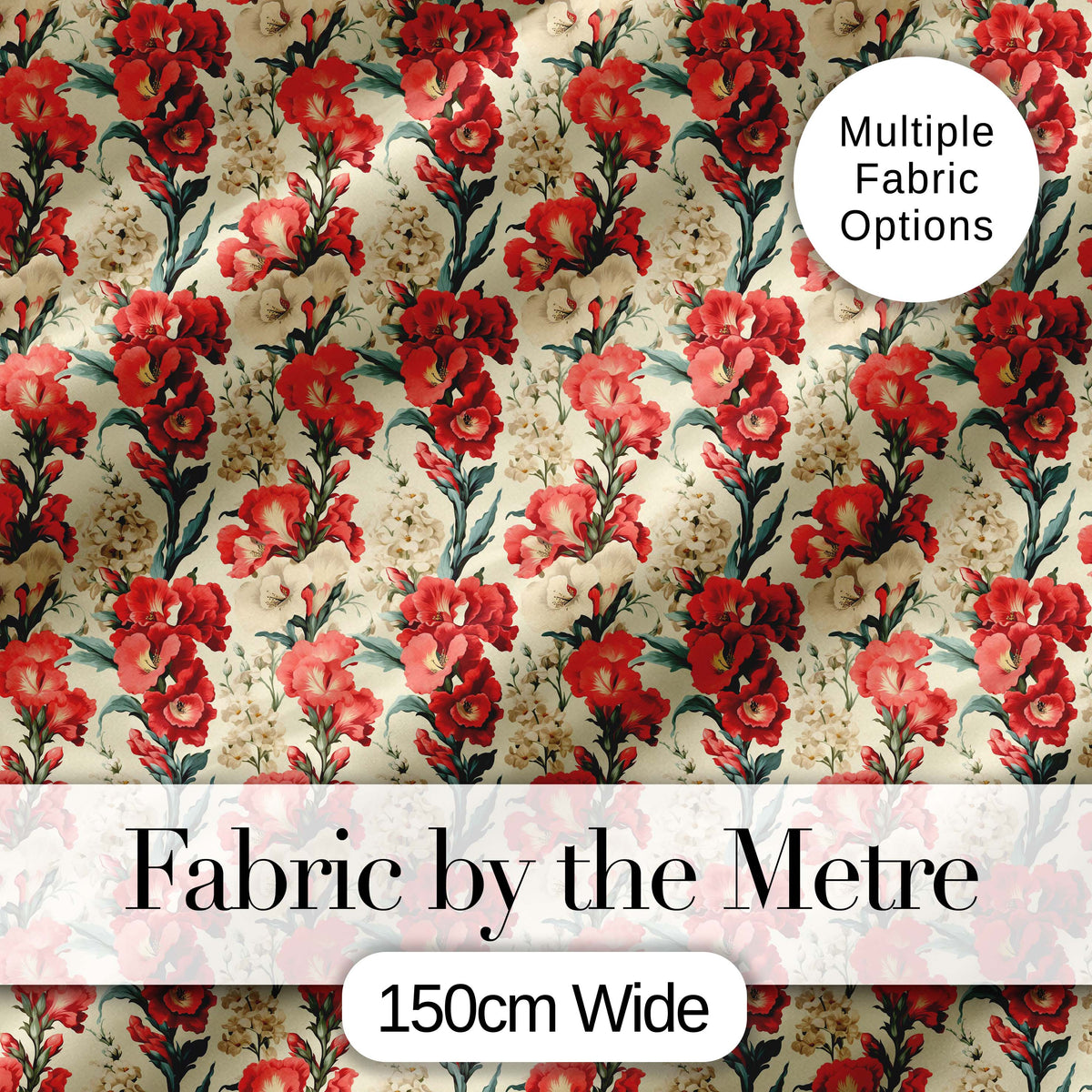 Bold Red Floral Pattern with Cream Blossoms on Light Background Digital Print Fabric by the Metre UK Sewing Quilting Textile