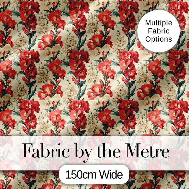 Bold Red Floral Pattern with Cream Blossoms on Light Background Digital Print Fabric by the Metre UK Sewing Quilting Textile