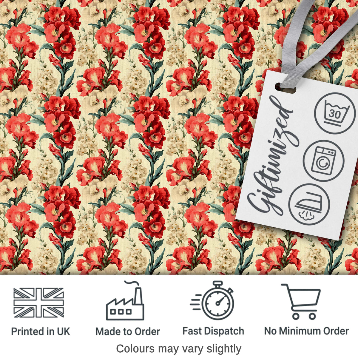 Bold Red Floral Pattern with Cream Blossoms on Light Background Digital Print Fabric by the Metre UK Sewing Quilting Textile