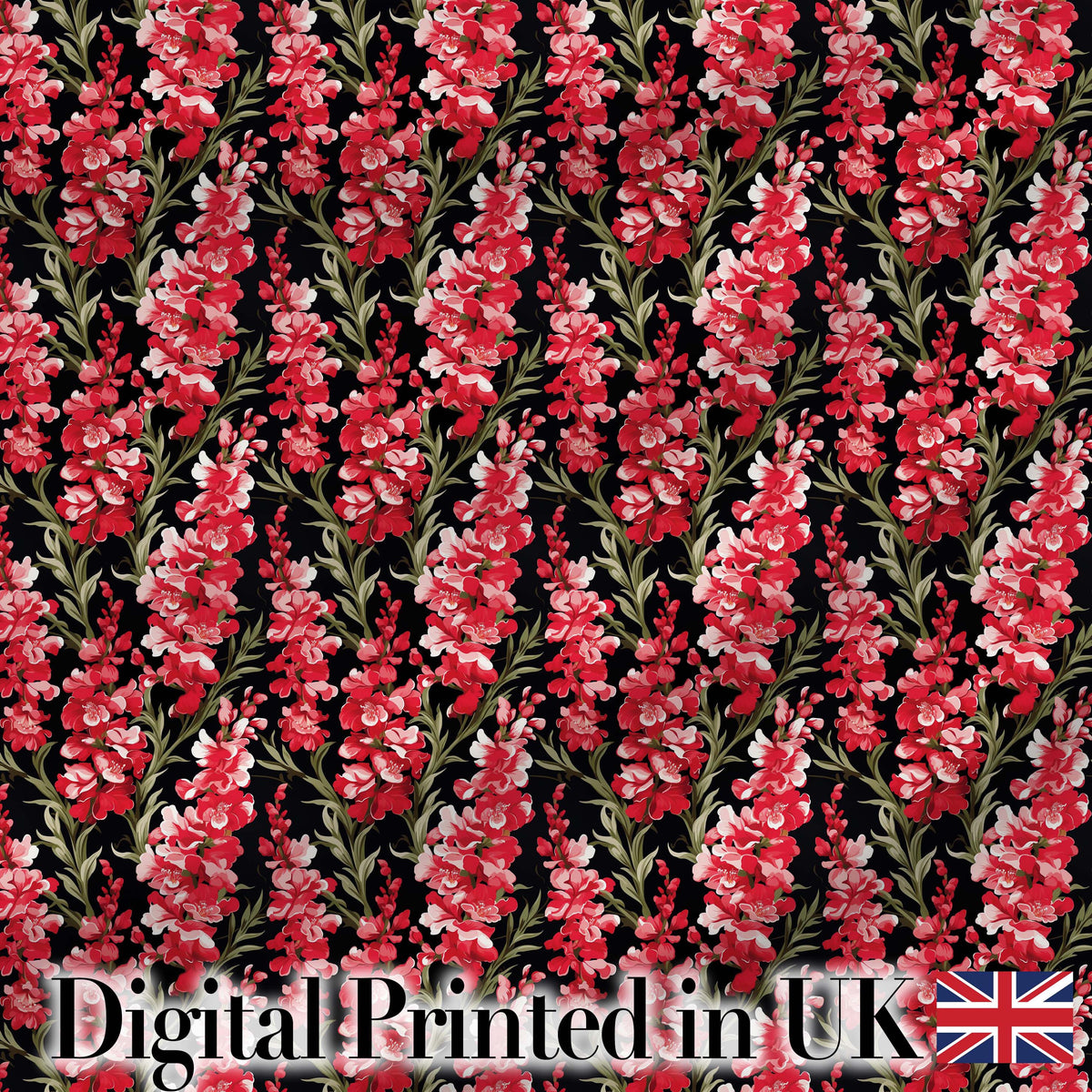 Striking Red and Pink Floral Pattern on Black Background Dramatic Botanical Digital Print Fabric by the Metre UK Sewing Quilting Textile
