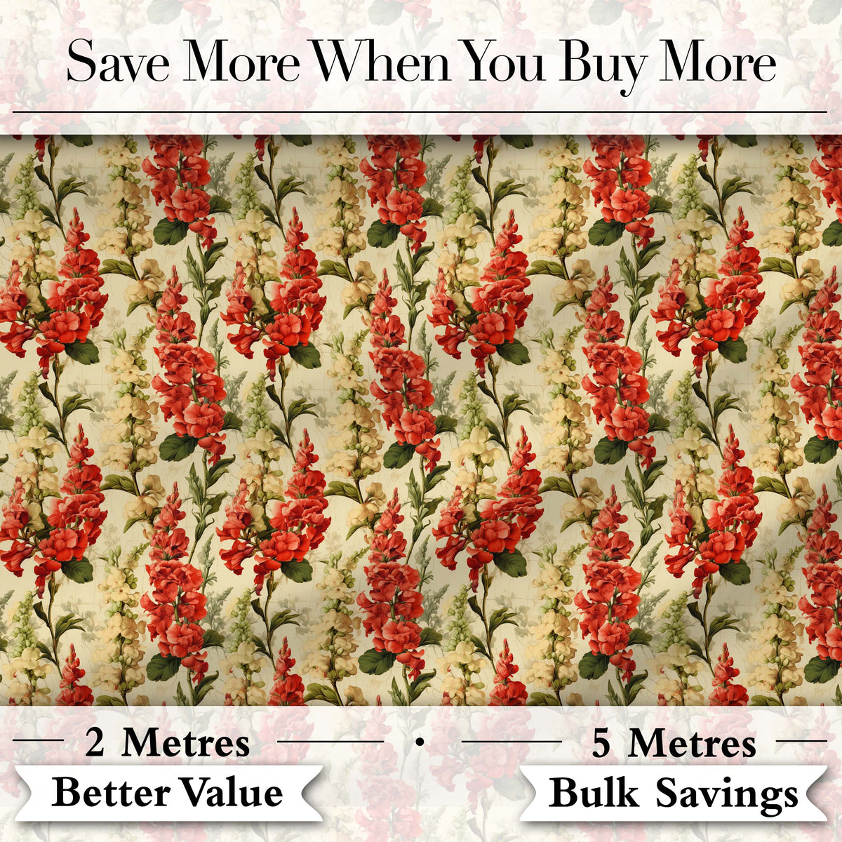 Classic Red Floral Stripe Pattern with Soft Cream Flowers on Beige Background Digital Print Fabric by the Metre UK Sewing Quilting Textile