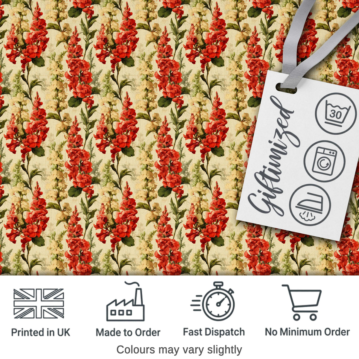 Classic Red Floral Stripe Pattern with Soft Cream Flowers on Beige Background Digital Print Fabric by the Metre UK Sewing Quilting Textile