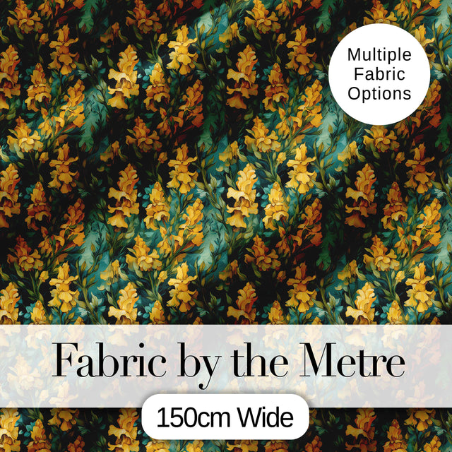 Yellow Iris Floral Seamless Pattern on Teal Background Vintage Botanical Style Digital Print Fabric by the Metre UK Sewing Quilting Textile