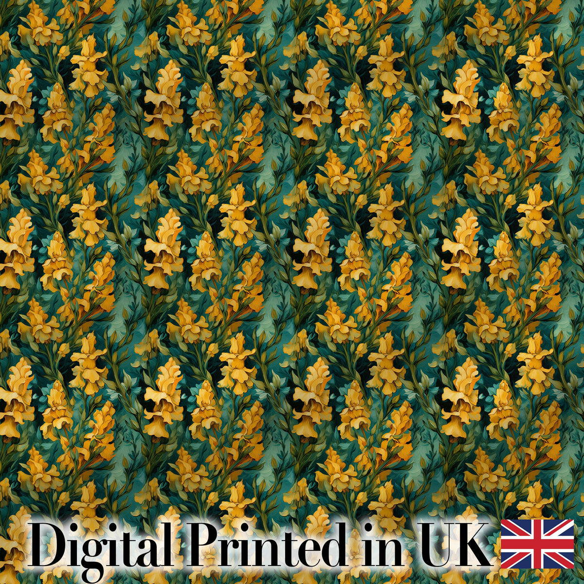 Yellow Iris Floral Seamless Pattern on Teal Background Vintage Botanical Style Digital Print Fabric by the Metre UK Sewing Quilting Textile