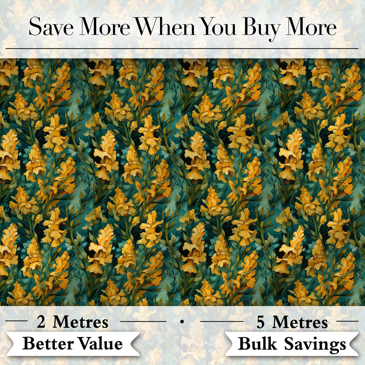 Yellow Iris Floral Seamless Pattern on Teal Background Vintage Botanical Style Digital Print Fabric by the Metre UK Sewing Quilting Textile