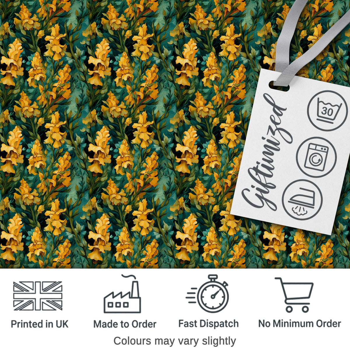 Yellow Iris Floral Seamless Pattern on Teal Background Vintage Botanical Style Digital Print Fabric by the Metre UK Sewing Quilting Textile