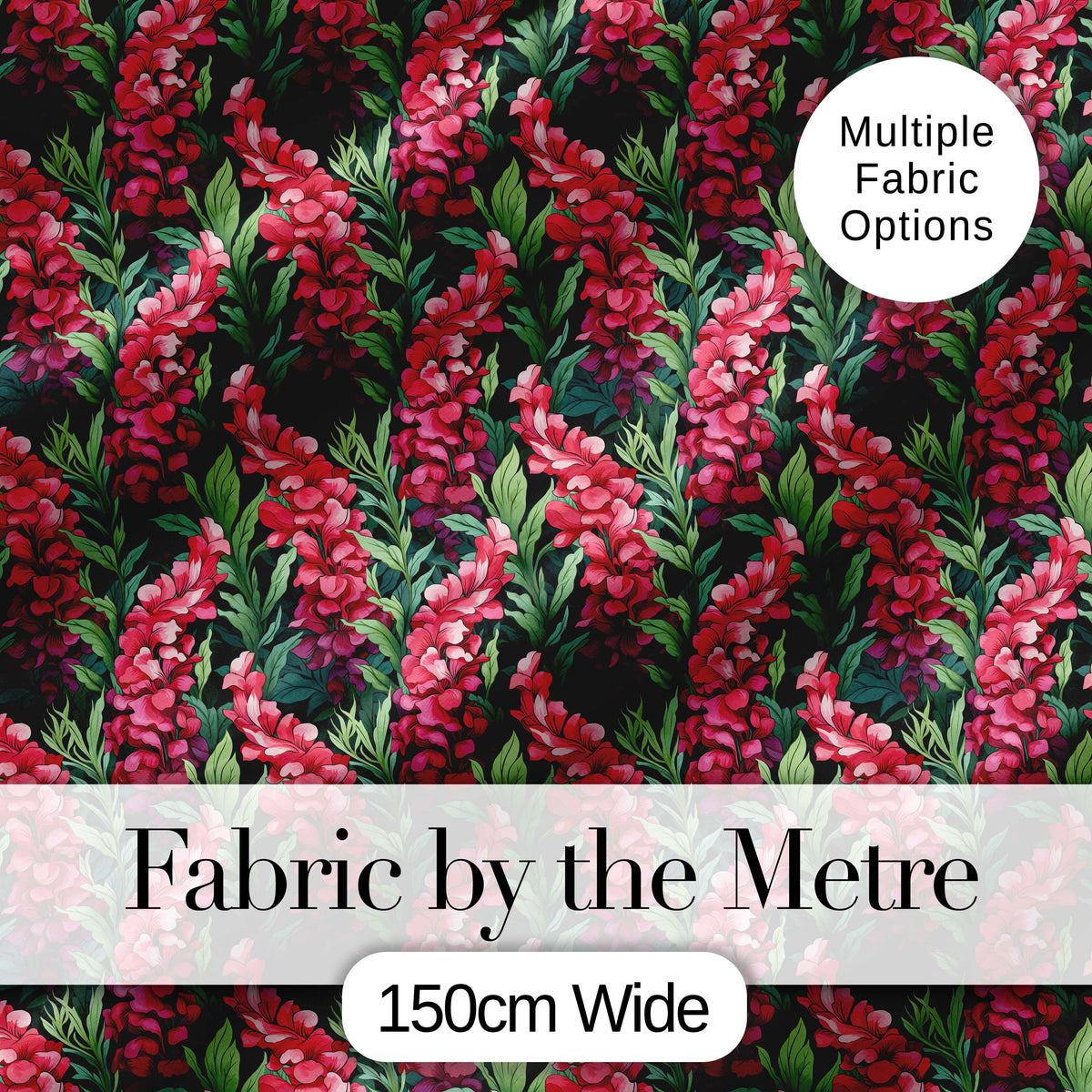 Vibrant Pink Gladiolus Floral  on Dark Green Background Botanical Digital Print Fabric by the Metre UK Sewing Quilting Textile