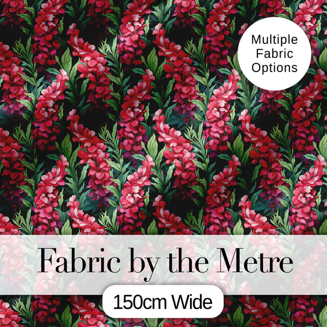 Vibrant Pink Gladiolus Floral  on Dark Green Background Botanical Digital Print Fabric by the Metre UK Sewing Quilting Textile