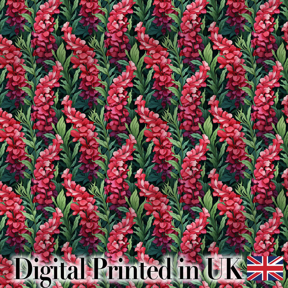 Vibrant Pink Gladiolus Floral  on Dark Green Background Botanical Digital Print Fabric by the Metre UK Sewing Quilting Textile