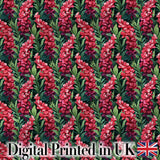 Vibrant Pink Gladiolus Floral  on Dark Green Background Botanical Digital Print Fabric by the Metre UK Sewing Quilting Textile