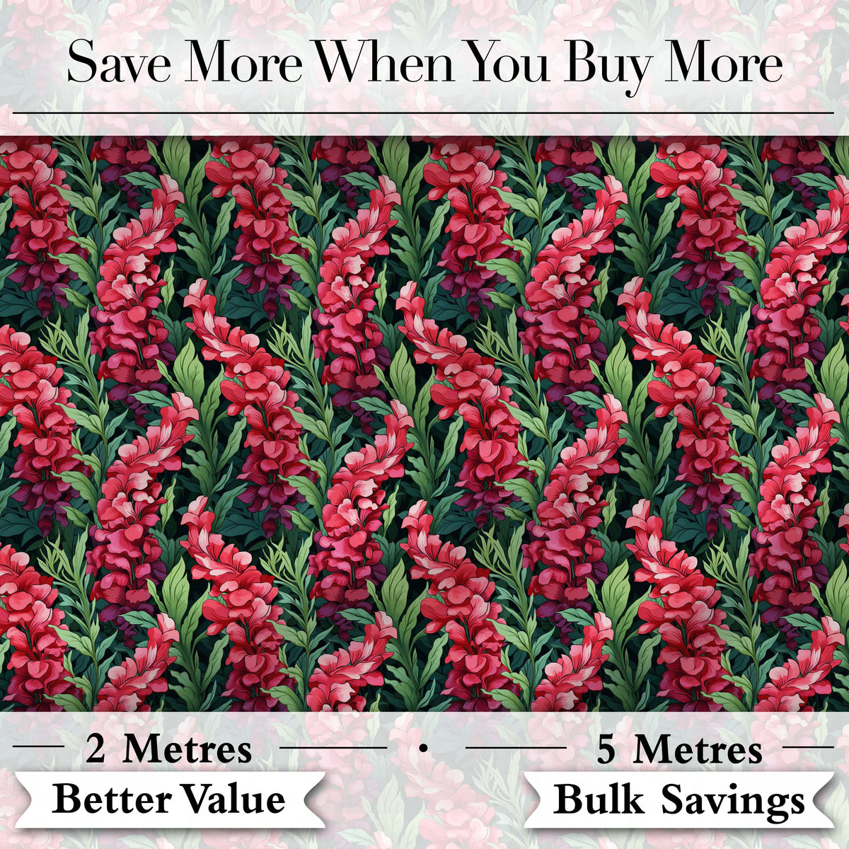 Vibrant Pink Gladiolus Floral  on Dark Green Background Botanical Digital Print Fabric by the Metre UK Sewing Quilting Textile