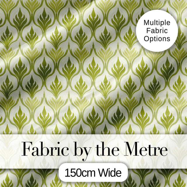 Green Art Deco Leaf Seamless Pattern on Cream Background  Geometric Digital Print Fabric by the Metre UK Sewing Quilting Textile