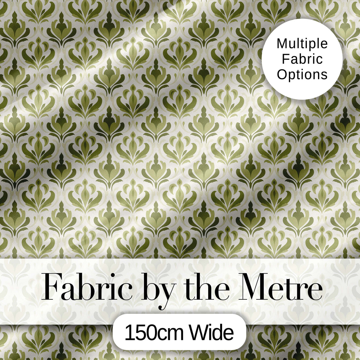 Vintage Olive Green Damask   on Light Background Classic Ornamental Digital Print Fabric by the Metre UK Sewing Quilting Textile