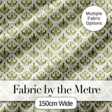 Vintage Olive Green Damask   on Light Background Classic Ornamental Digital Print Fabric by the Metre UK Sewing Quilting Textile