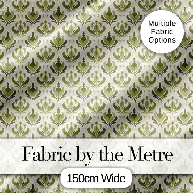 Vintage Olive Green Damask   on Light Background Classic Ornamental Digital Print Fabric by the Metre UK Sewing Quilting Textile