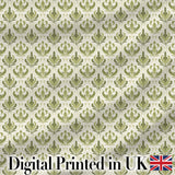 Vintage Olive Green Damask   on Light Background Classic Ornamental Digital Print Fabric by the Metre UK Sewing Quilting Textile