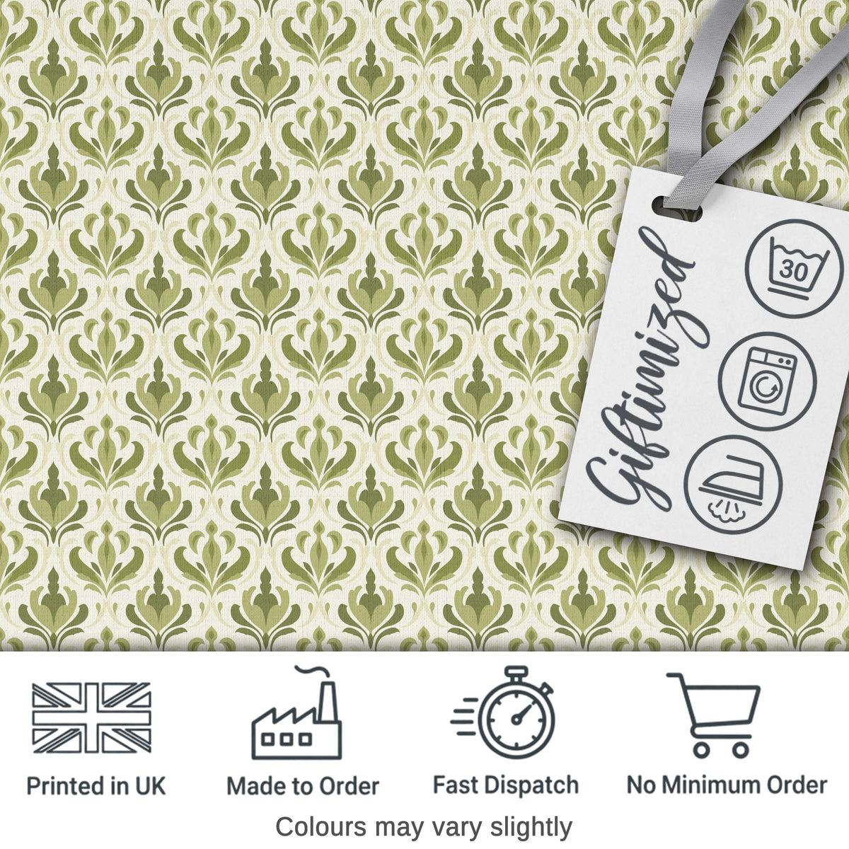 Vintage Olive Green Damask   on Light Background Classic Ornamental Digital Print Fabric by the Metre UK Sewing Quilting Textile