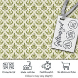 Vintage Olive Green Damask   on Light Background Classic Ornamental Digital Print Fabric by the Metre UK Sewing Quilting Textile