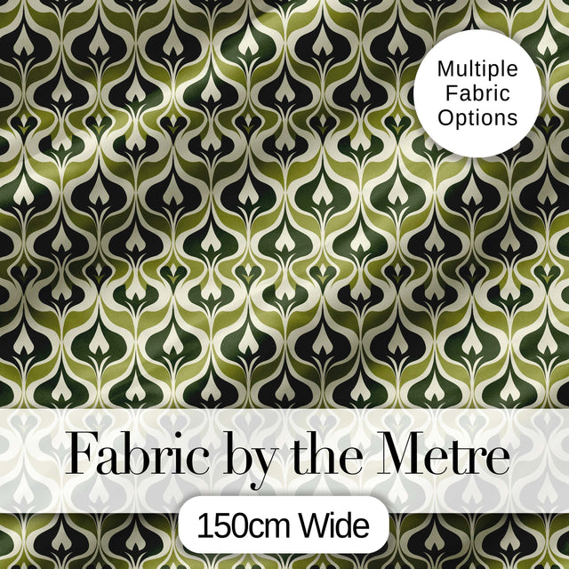 Green Abstract Damask  on Cream Background Mid Century Style Digital Print Fabric by the Metre UK Sewing Quilting Textile