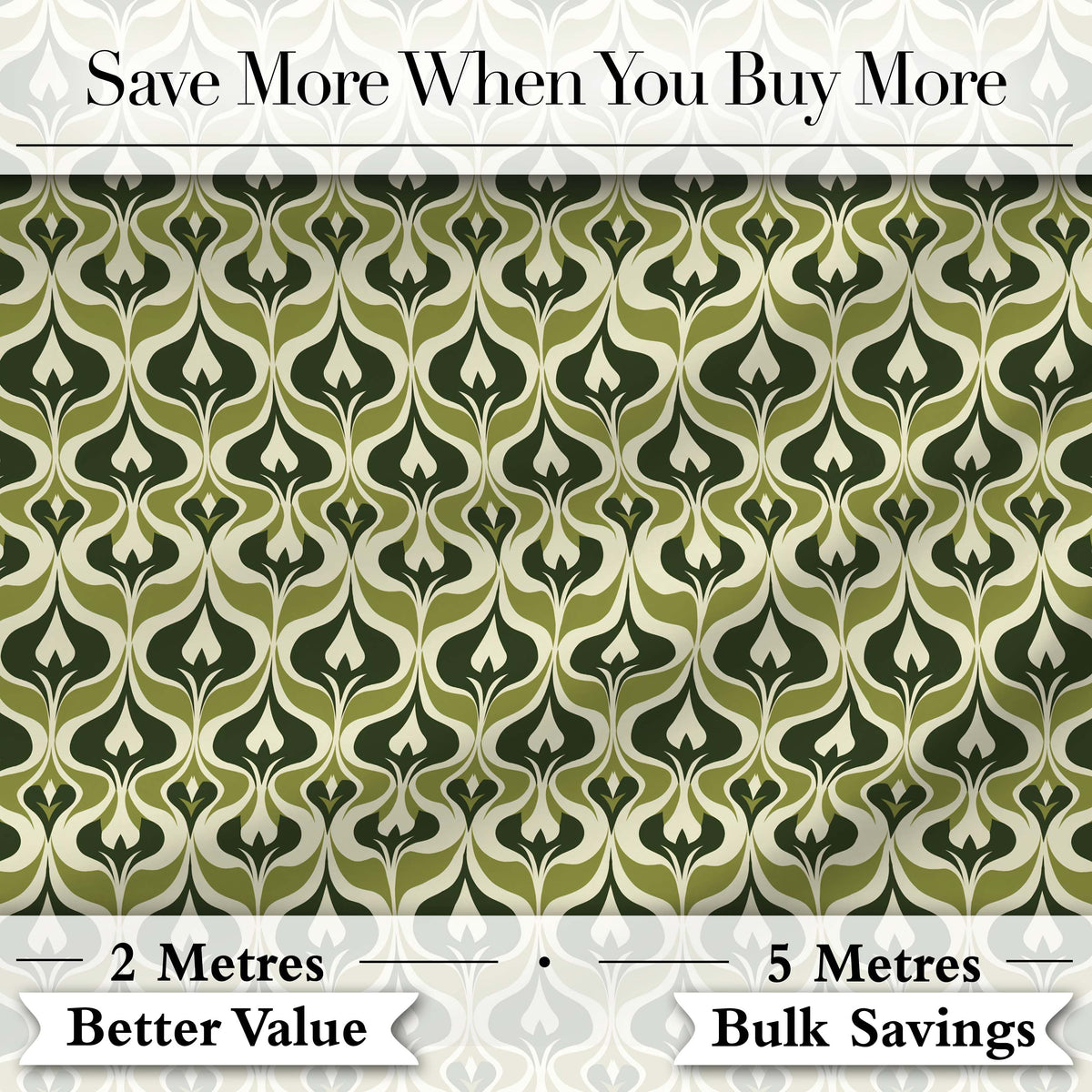 Green Abstract Damask  on Cream Background Mid Century Style Digital Print Fabric by the Metre UK Sewing Quilting Textile