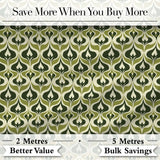 Green Abstract Damask  on Cream Background Mid Century Style Digital Print Fabric by the Metre UK Sewing Quilting Textile