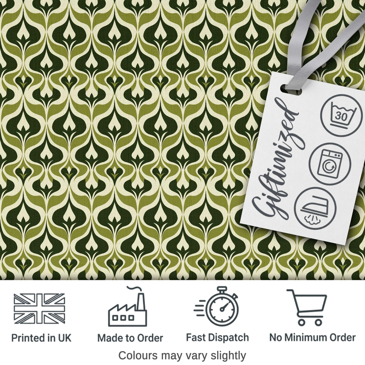 Green Abstract Damask  on Cream Background Mid Century Style Digital Print Fabric by the Metre UK Sewing Quilting Textile