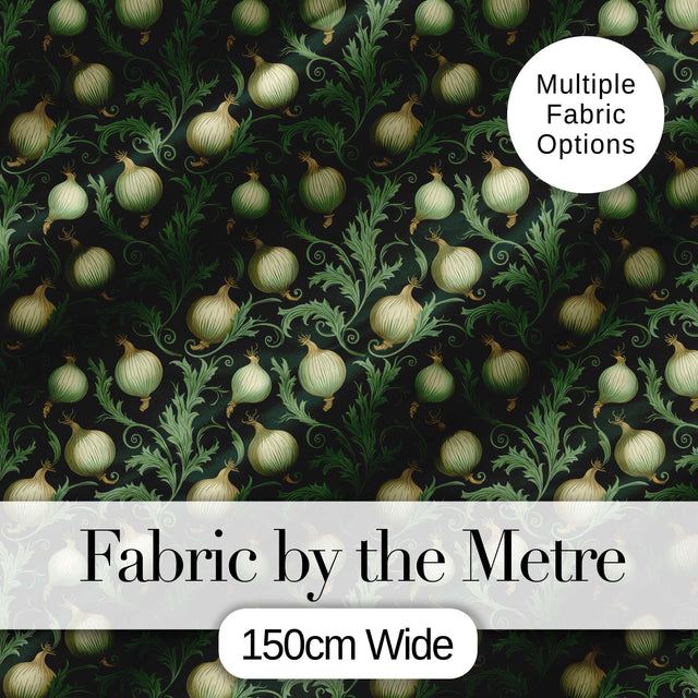 Dark Green Ornate Onion Botanical Pattern Vintage Floral Style Digital Print Fabric by the Metre UK Sewing Quilting Textile