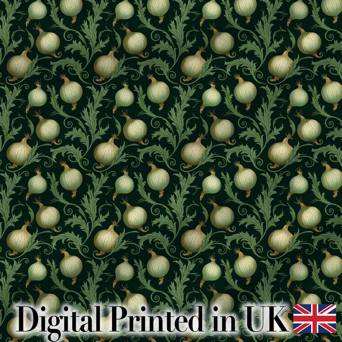 Dark Green Ornate Onion Botanical Pattern Vintage Floral Style Digital Print Fabric by the Metre UK Sewing Quilting Textile