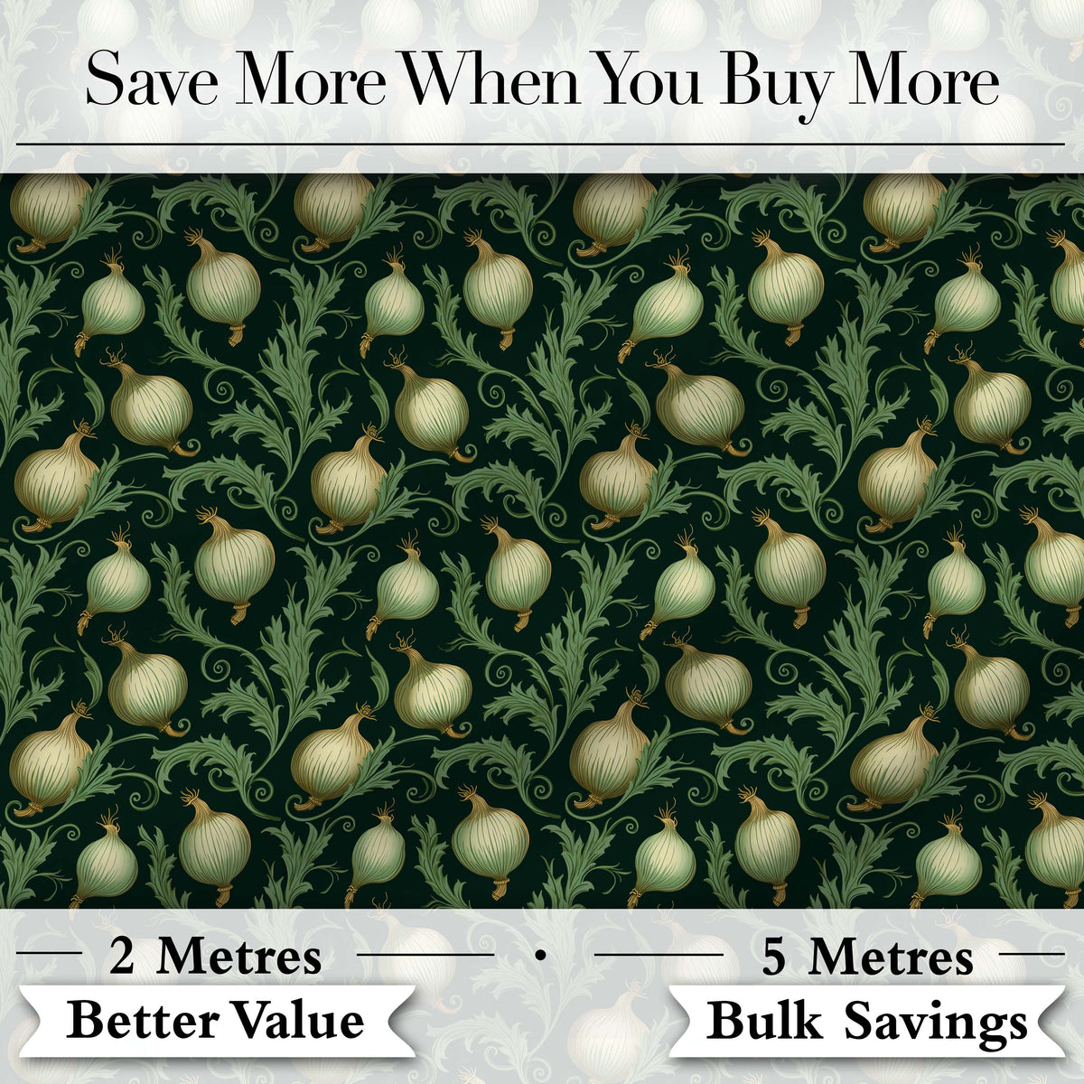 Dark Green Ornate Onion Botanical Pattern Vintage Floral Style Digital Print Fabric by the Metre UK Sewing Quilting Textile