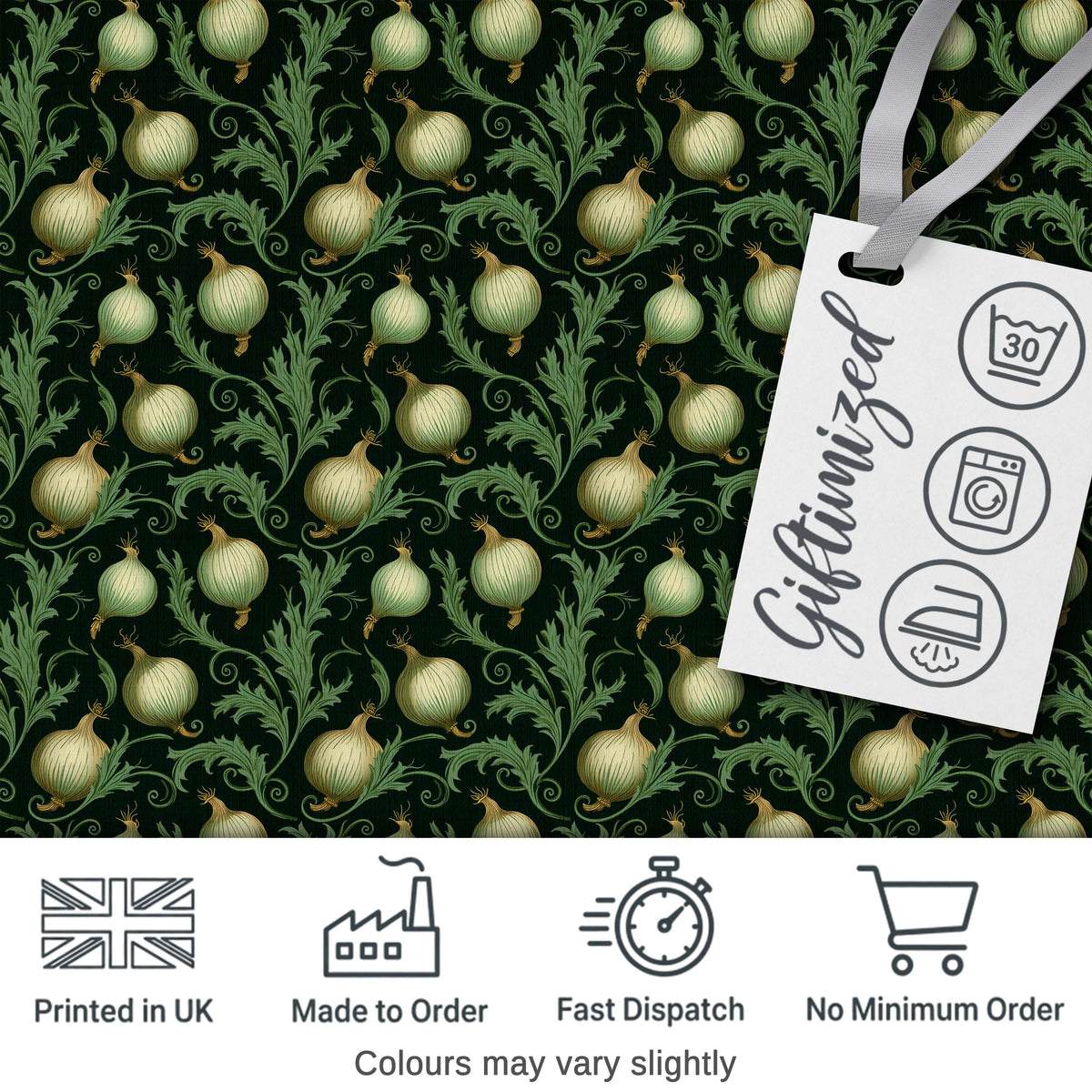 Dark Green Ornate Onion Botanical Pattern Vintage Floral Style Digital Print Fabric by the Metre UK Sewing Quilting Textile