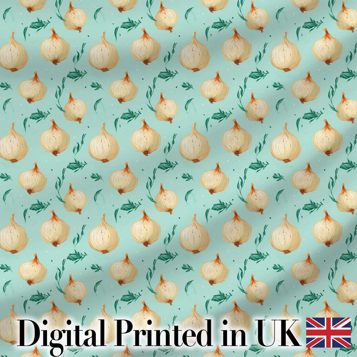 Blue Background Onion Seamless Pattern Fresh Kitchen Garden Style Digital Print Fabric by the Metre UK Sewing Quilting Textile