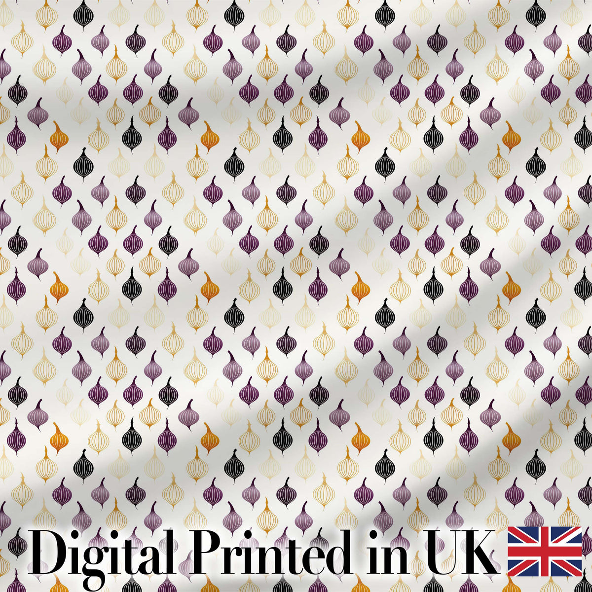 Minimal Onion Repeat Pattern Black Purple Mustard Scandinavian Style Digital Print Fabric by the Metre UK Sewing Quilting Textile