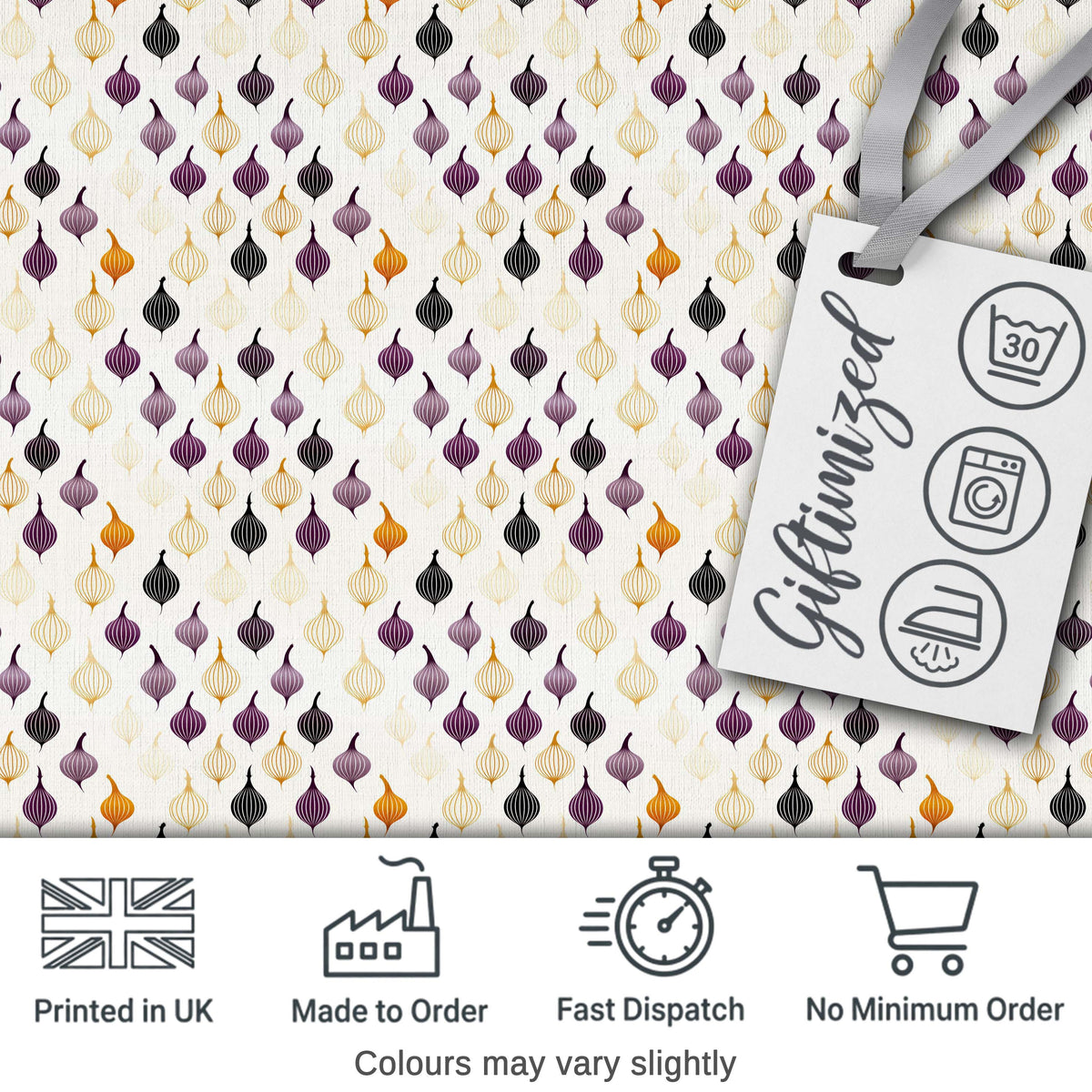 Minimal Onion Repeat Pattern Black Purple Mustard Scandinavian Style Digital Print Fabric by the Metre UK Sewing Quilting Textile