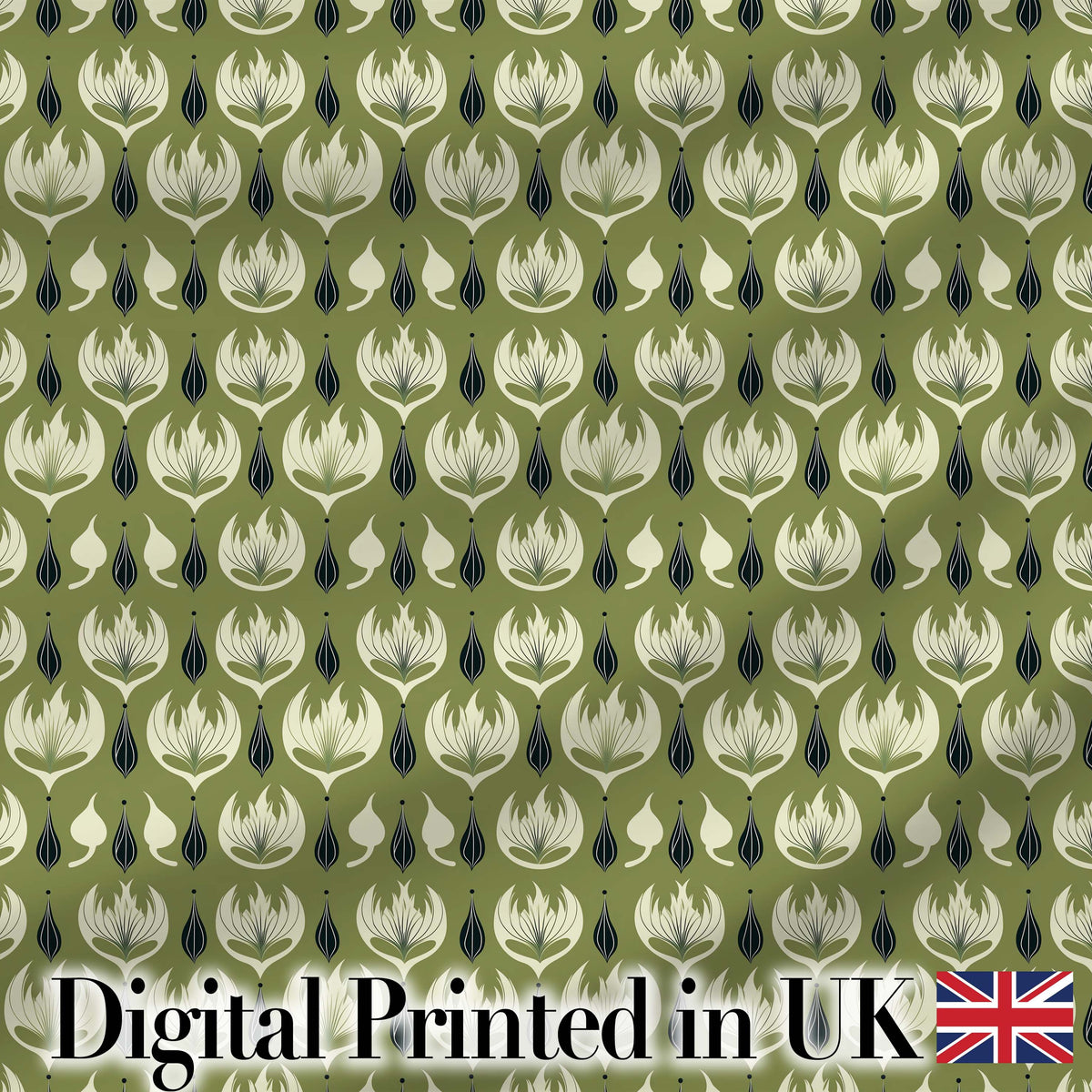 Olive Green Abstract Onion Floral Pattern Mid Century Modern Design Digital Print Fabric by the Metre UK Sewing Quilting Textile