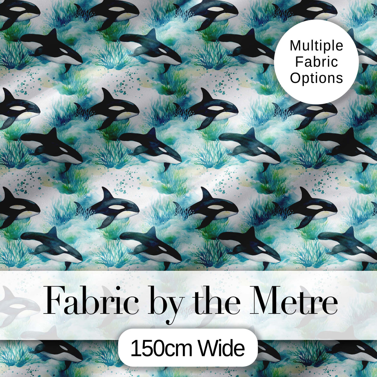 Orca Whale Forest Coastal Seamless Pattern Nature Ocean Fusion Design Digital Print Fabric by the Metre UK Sewing Quilting Textile
