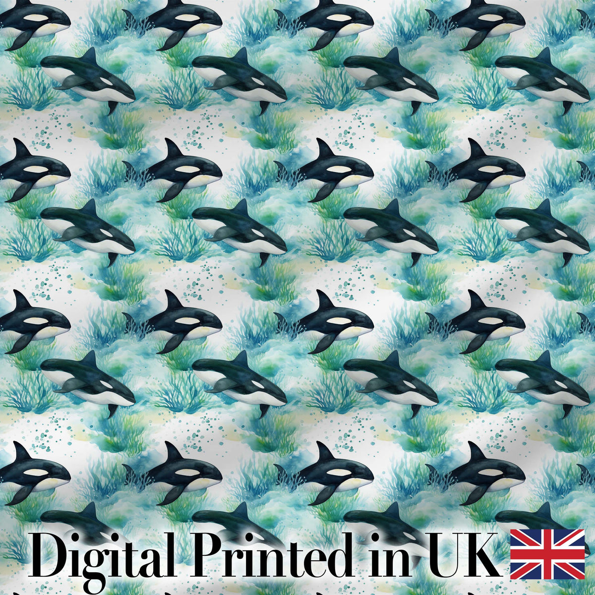 Orca Whale Forest Coastal Seamless Pattern Nature Ocean Fusion Design Digital Print Fabric by the Metre UK Sewing Quilting Textile