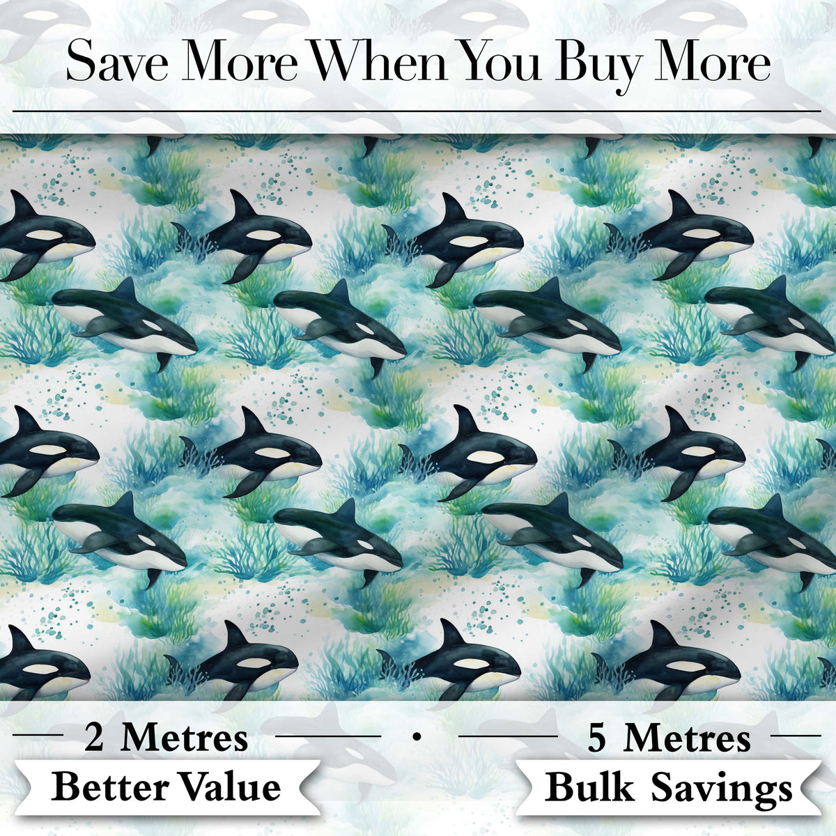 Orca Whale Forest Coastal Seamless Pattern Nature Ocean Fusion Design Digital Print Fabric by the Metre UK Sewing Quilting Textile
