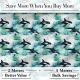 Orca Whale Forest Coastal Seamless Pattern Nature Ocean Fusion Design Digital Print Fabric by the Metre UK Sewing Quilting Textile