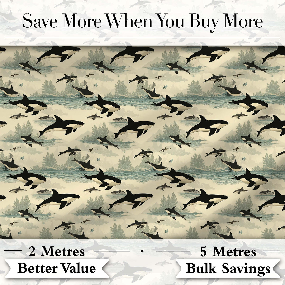 Stylised Orca Whale Underwater Seamless Pattern Marine Botanical Design Digital Print Fabric by the Metre UK Sewing Quilting Textile
