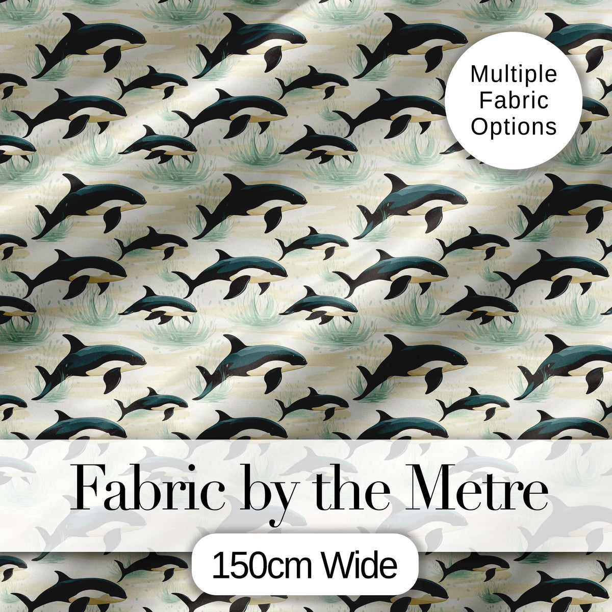 Orca Whale Coastal Landscape Seamless Pattern Ocean Nature Scene Digital Print Fabric by the Metre UK Sewing Quilting Textile