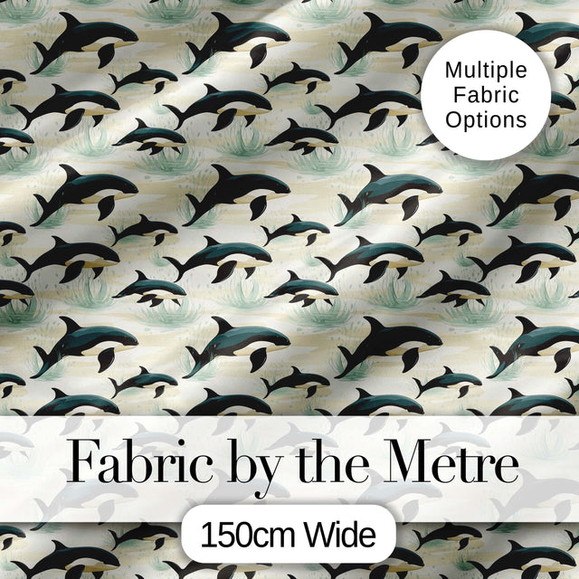 Orca Whale Coastal Landscape Seamless Pattern Ocean Nature Scene Digital Print Fabric by the Metre UK Sewing Quilting Textile