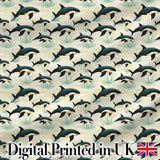 Orca Whale Coastal Landscape Seamless Pattern Ocean Nature Scene Digital Print Fabric by the Metre UK Sewing Quilting Textile