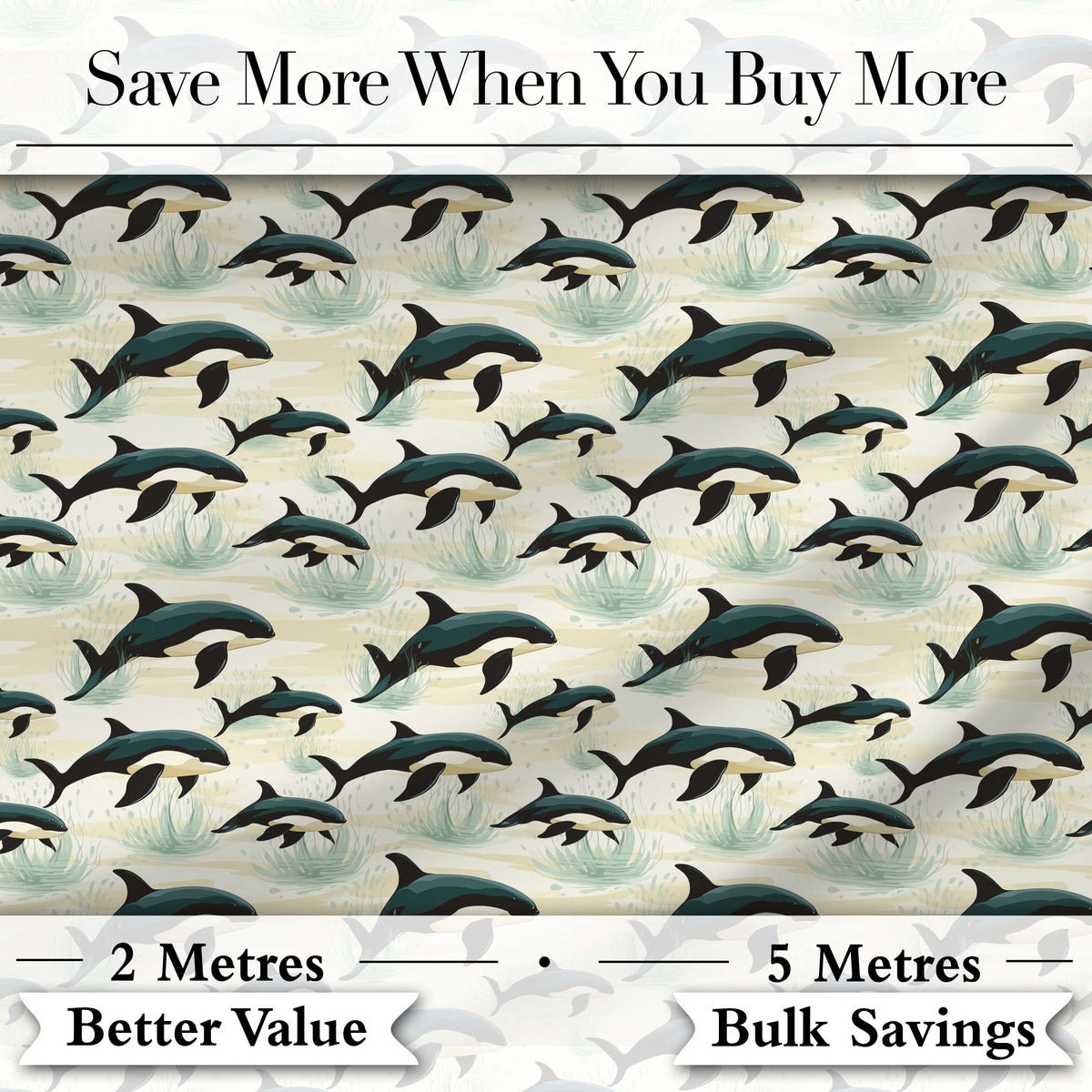 Orca Whale Coastal Landscape Seamless Pattern Ocean Nature Scene Digital Print Fabric by the Metre UK Sewing Quilting Textile