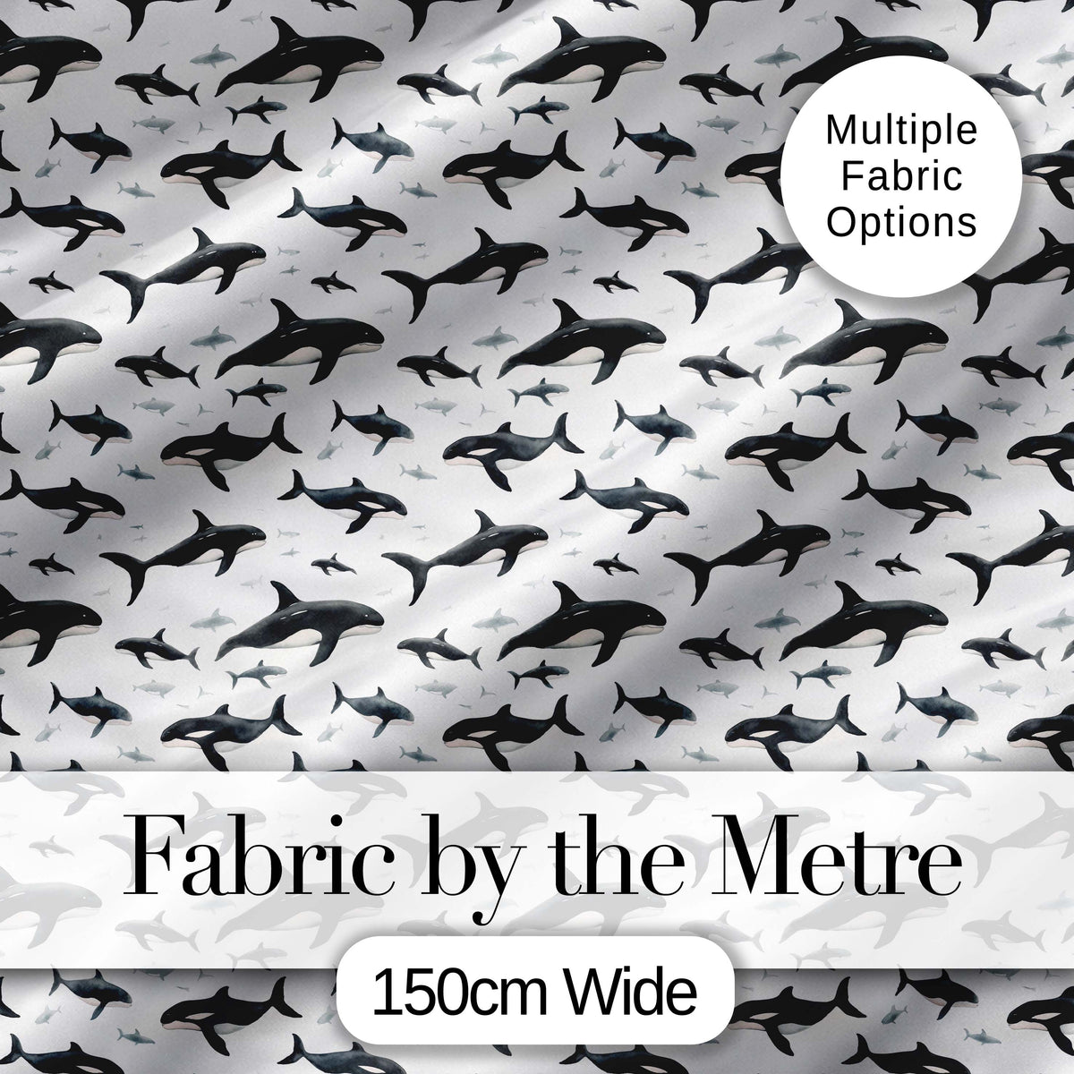 Realistic Orca Whale Seamless Pattern Ocean Wildlife Illustration Digital Print Fabric by the Metre UK Sewing Quilting Textile
