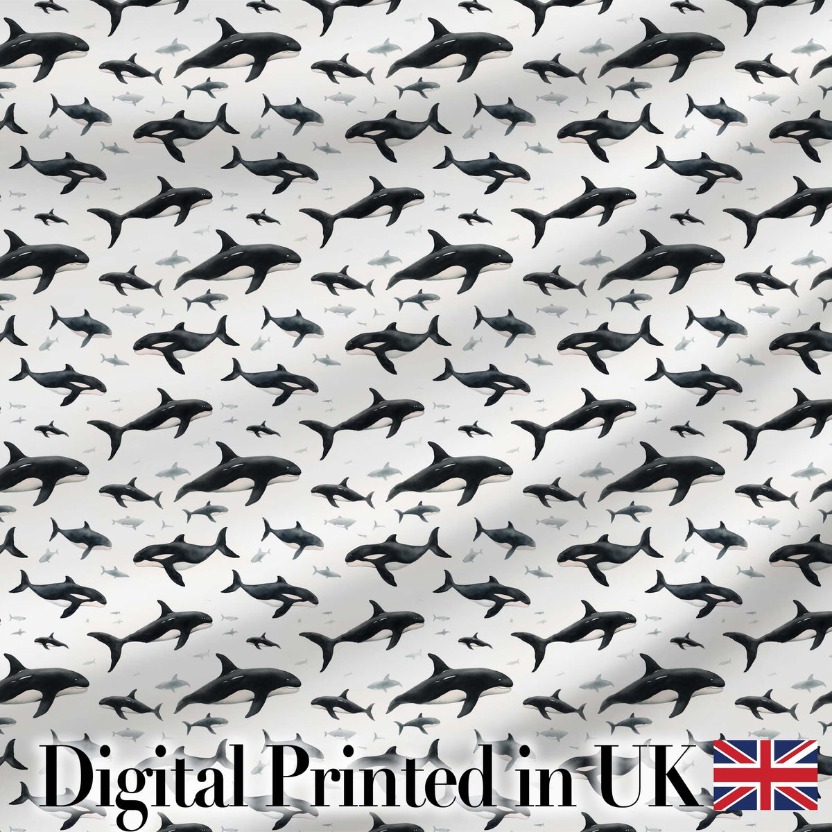 Realistic Orca Whale Seamless Pattern Ocean Wildlife Illustration Digital Print Fabric by the Metre UK Sewing Quilting Textile