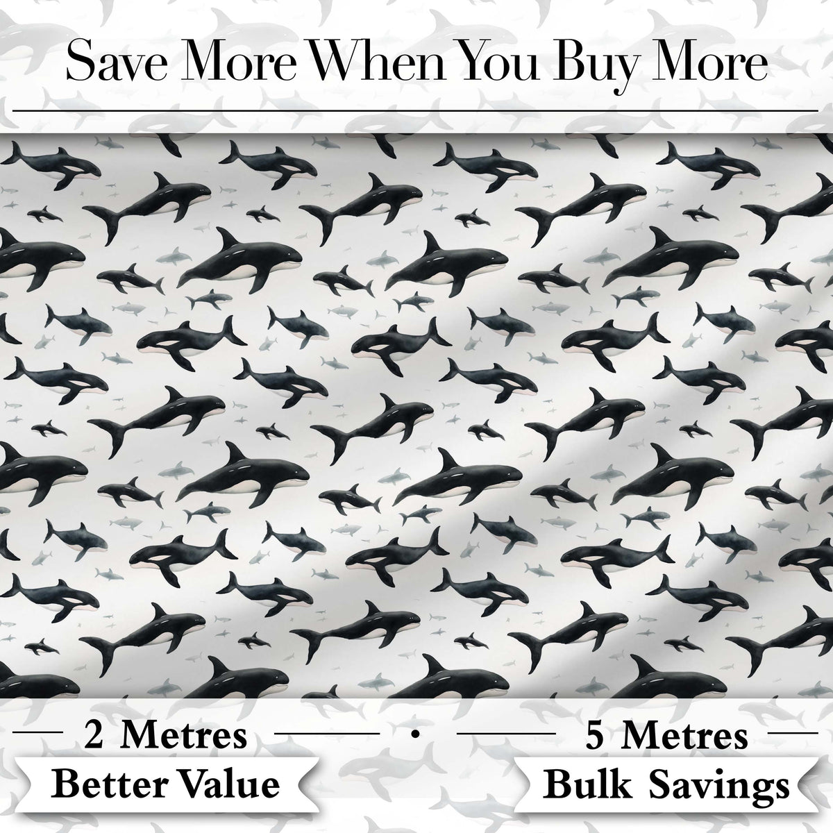 Realistic Orca Whale Seamless Pattern Ocean Wildlife Illustration Digital Print Fabric by the Metre UK Sewing Quilting Textile