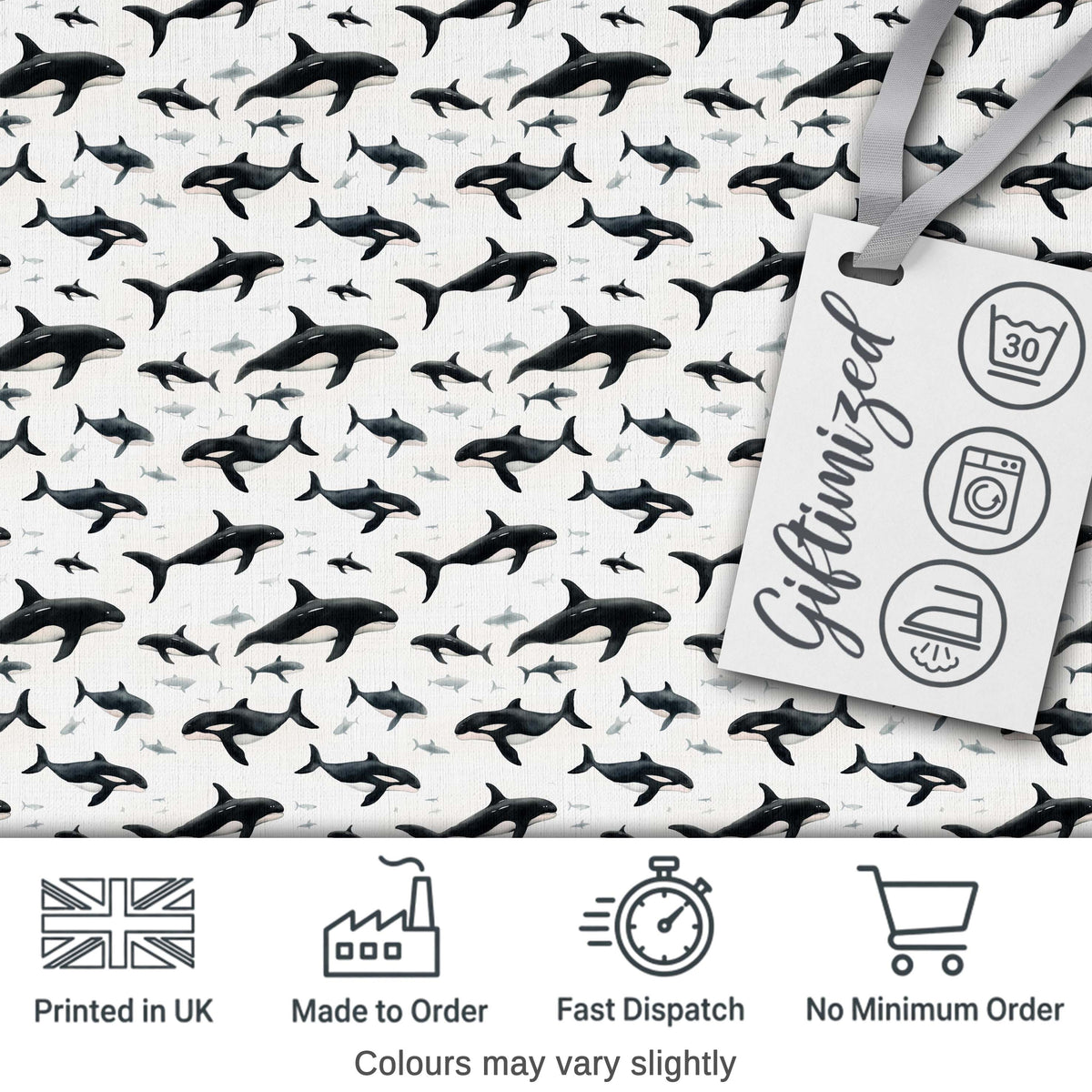 Realistic Orca Whale Seamless Pattern Ocean Wildlife Illustration Digital Print Fabric by the Metre UK Sewing Quilting Textile