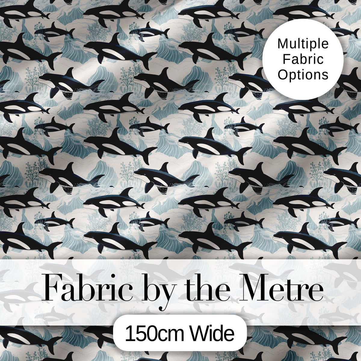 Orca Whale Ocean Wave Seamless Pattern Nautical Marine Design Digital Print Fabric by the Metre UK Sewing Quilting Textile