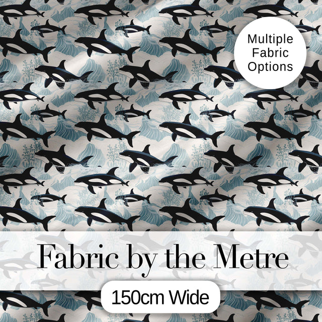 Orca Whale Ocean Wave Seamless Pattern Nautical Marine Design Digital Print Fabric by the Metre UK Sewing Quilting Textile